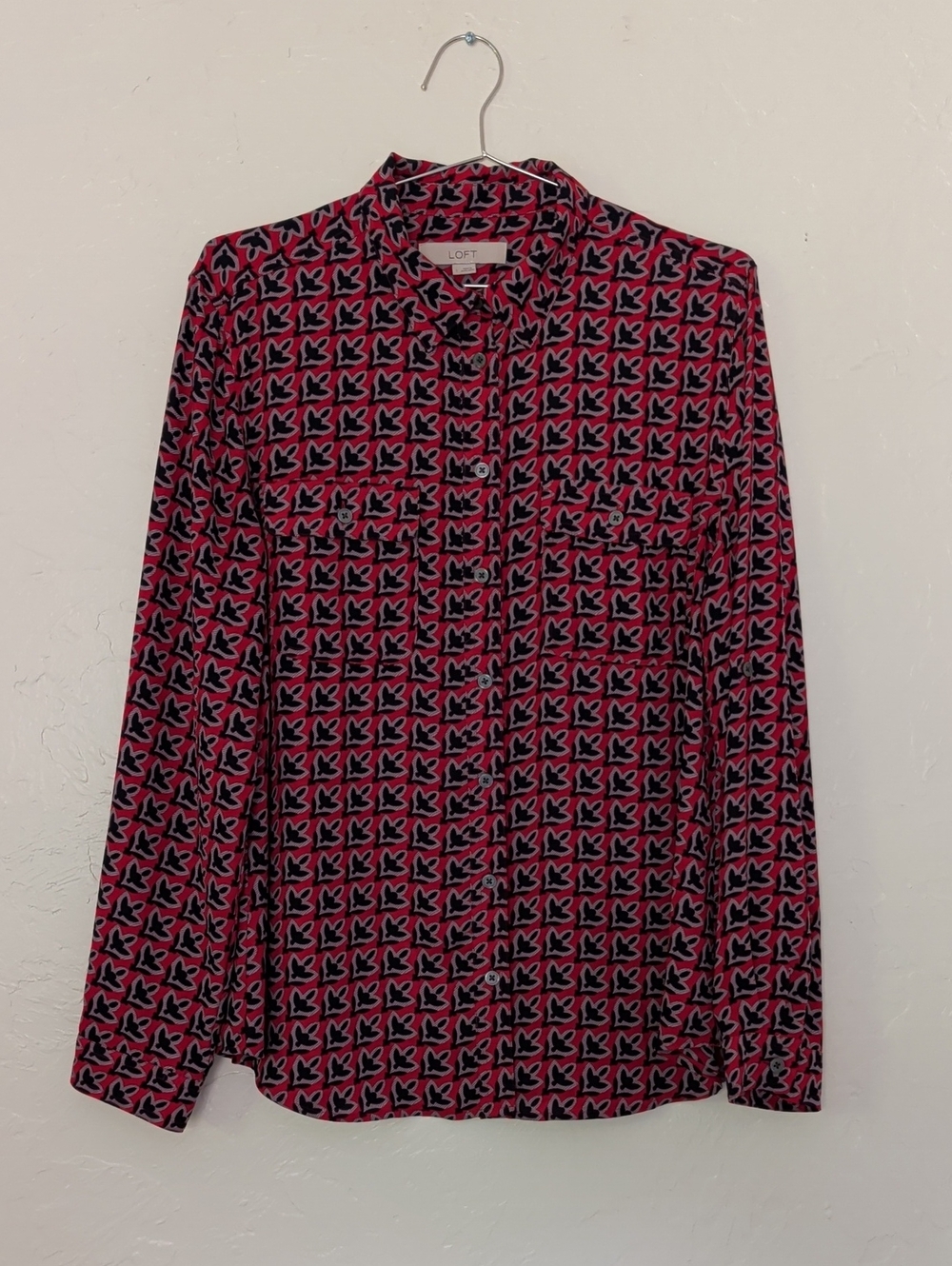 LOFT Red and Navy Geometric Print Button-Up Shirt